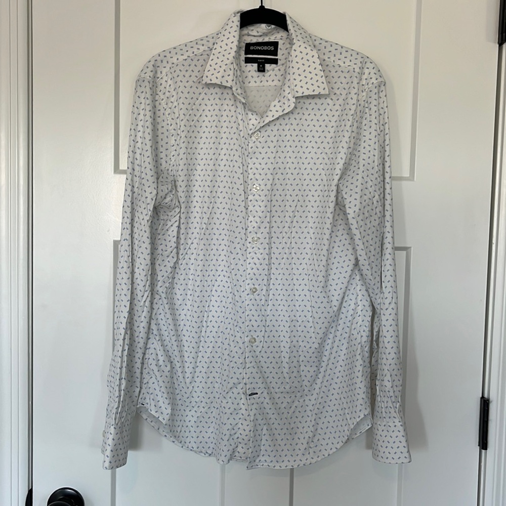 Bonobos Slim Fit Button Down Long Sleeve White with Blue Pattern Size M